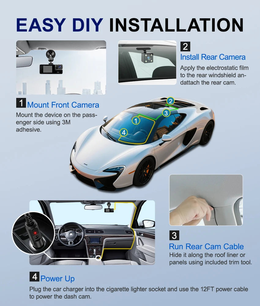 HD 1080P Car DVR Dash Cam with 3 Lens Wide Angle Night Vision G-Sensor Loop Recording for Front Inside and Rear Vehicle Camera
