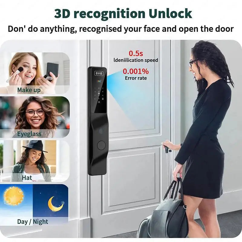 Tuya Wifi Palmprint 3d Face Recognition Smart Door Lock with Digital Camera Electronic Remote Control Door Lock for Wood Door