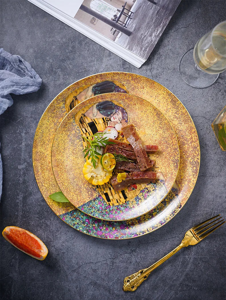 Klimt Kiss Bone China Dinning Plates Set Luxury Porcelain Plate for Dessert Steak Bread Cake Dish Home Party Tableware Gift