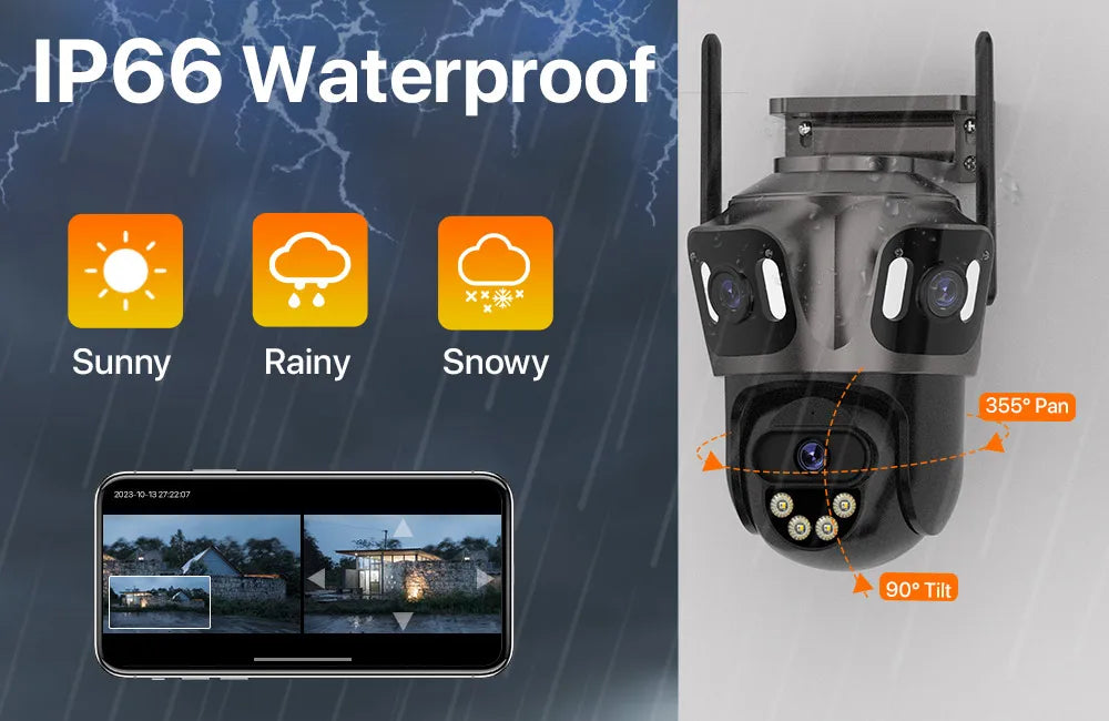 Three Screen WIFI IP Camera Outdoor 4K Dual Lens PTZ Camera AI Human Detection IP66 Waterproof CCTV Video Security Camera ICsee