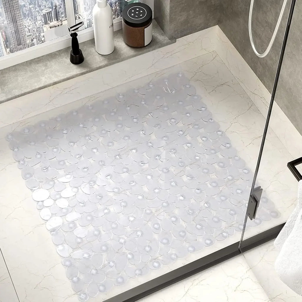 Premium Transparent Non-Slip Shower Mat 20.5x21 PVC Bathtub Mat with Strong Suction Cups Pebble Texture Quick Drain Holes