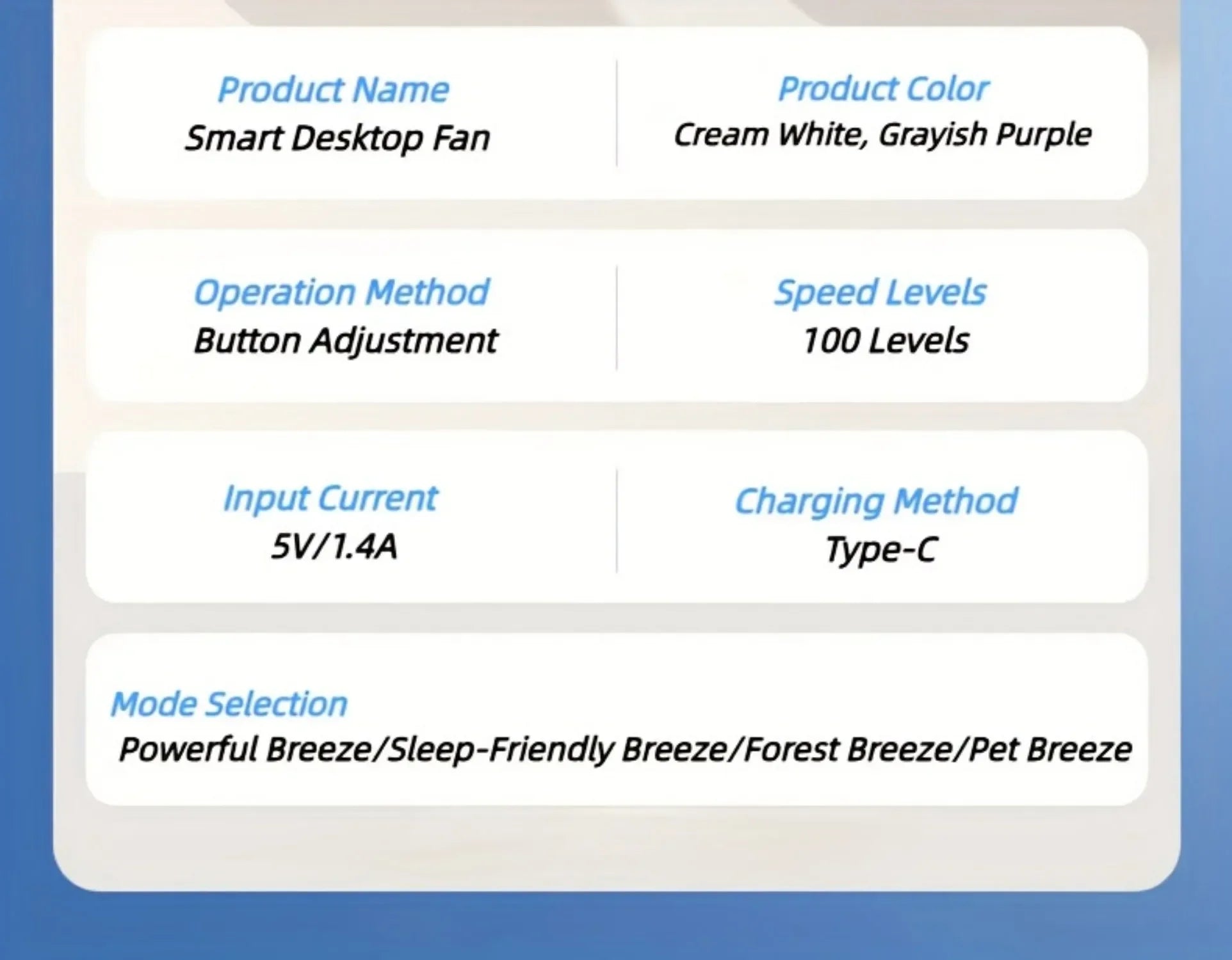 Air Circulation AI Fan Desktop Portable Rechargeable Fan Smart 100 Speed Stepless Quiet Brushless Motor Type-C Baby Sleep Wind