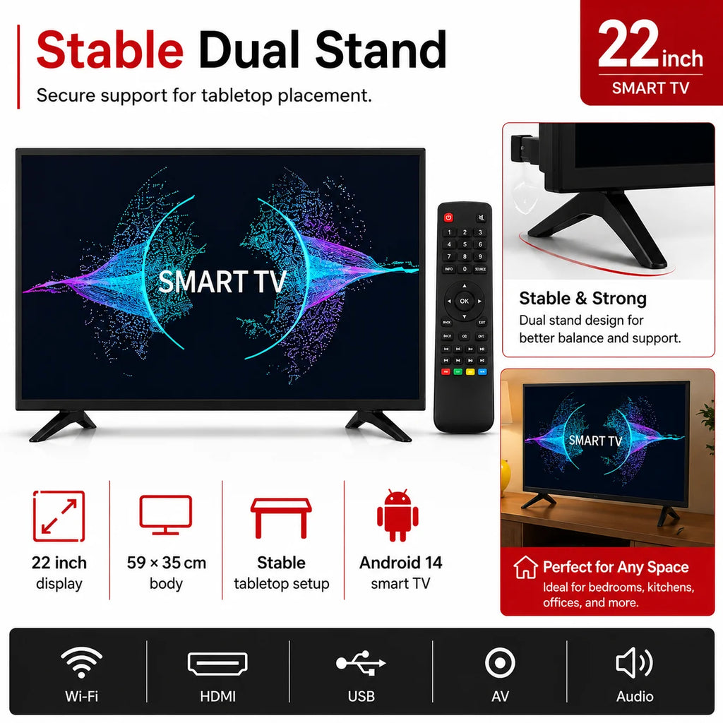 22 Inch Smart TV Android LED Television HD WiFi Bluetooth HDMI USB Flat Screen TV for Bedroom Kitchen RV Home