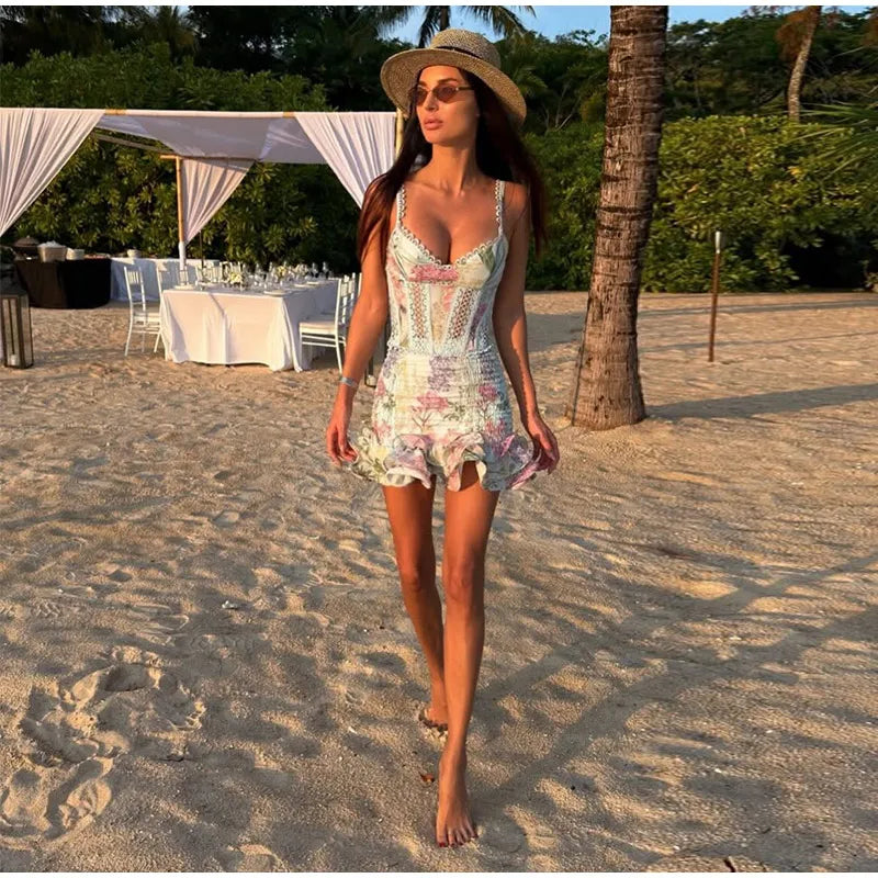 Women's Printed Dress V-neck Lace Hollow Out A-line Spaghetti Strap Pleated Lady Dresses 2026 Summer Chic Female Sexy Party Robe