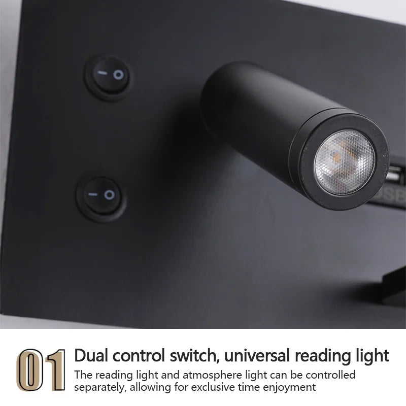 Multi functional wall lamp with switch, USB interface, LED mobile phone wireless charger, reading wall lamp, bedroom night light
