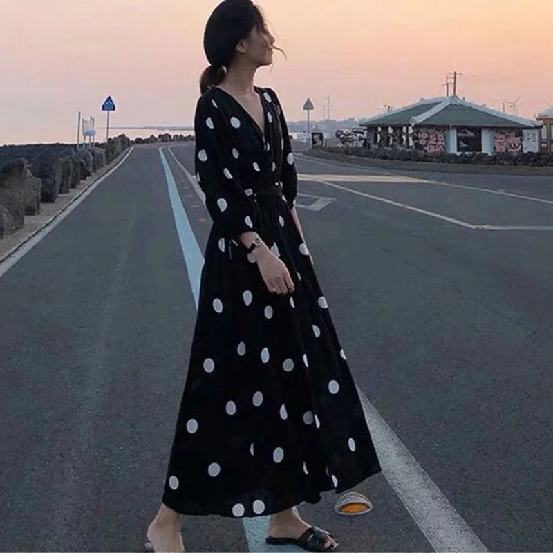 plus Size Polka Dot Chiffon Dr Romantic Slimming Long Skirt V Ne Elastic Waist Summer Faionable Casual Vintage Sle