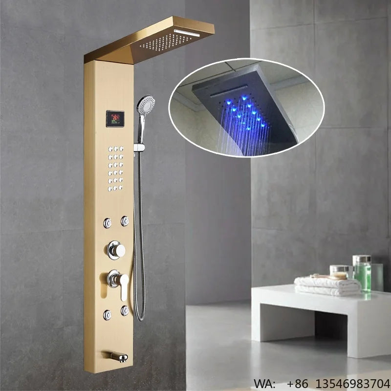 Hot Sale Luxury Black Color  Led Smart Rain Shower Head Bathroom Stainless Steel Wall Mounted Waterfall Shower Panels