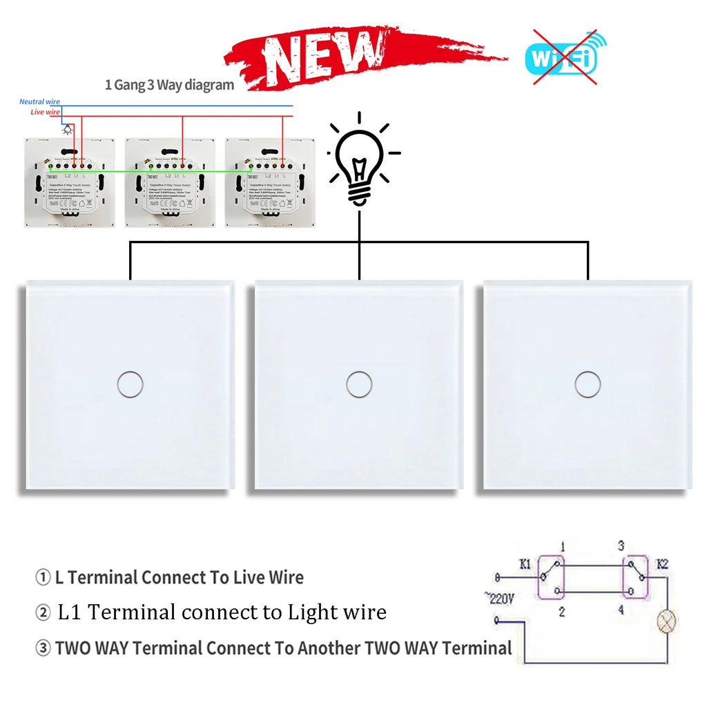 1gang 2way 3way Touch Switch Wall Light Switches No Neutral Wire With Tempered Glass 240V No Wifi No RF433