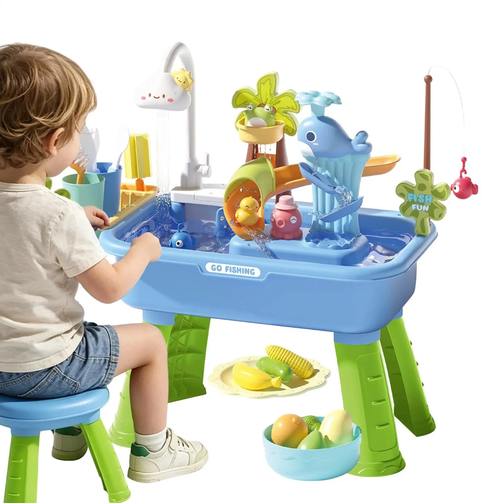 Kitchen Water table Sets with Pump,Tableware & Fishing Game for Kids,Children's Play Sink with Running Water & Electric Faucet