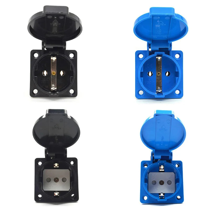 Black Blue Round Cover 50*50mm EU Industry AC Power Socket IP44 Europe Germany 16A 250V Grounding Outdoor Waterproof Socket