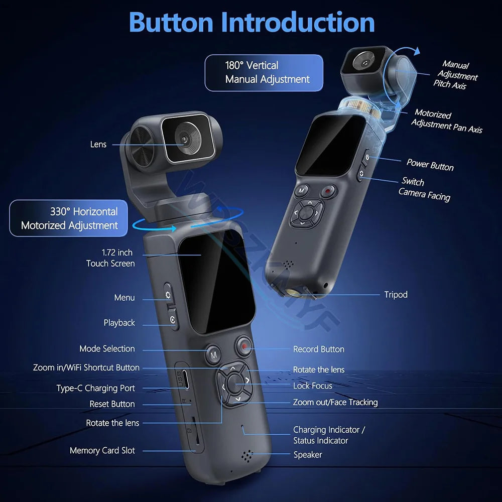 UHD 4K Action Camera With 330° Face Tracking Gimbal Stabilizer Pocket Camera for Vlog Outdoor Travel Handheld Video Recorder