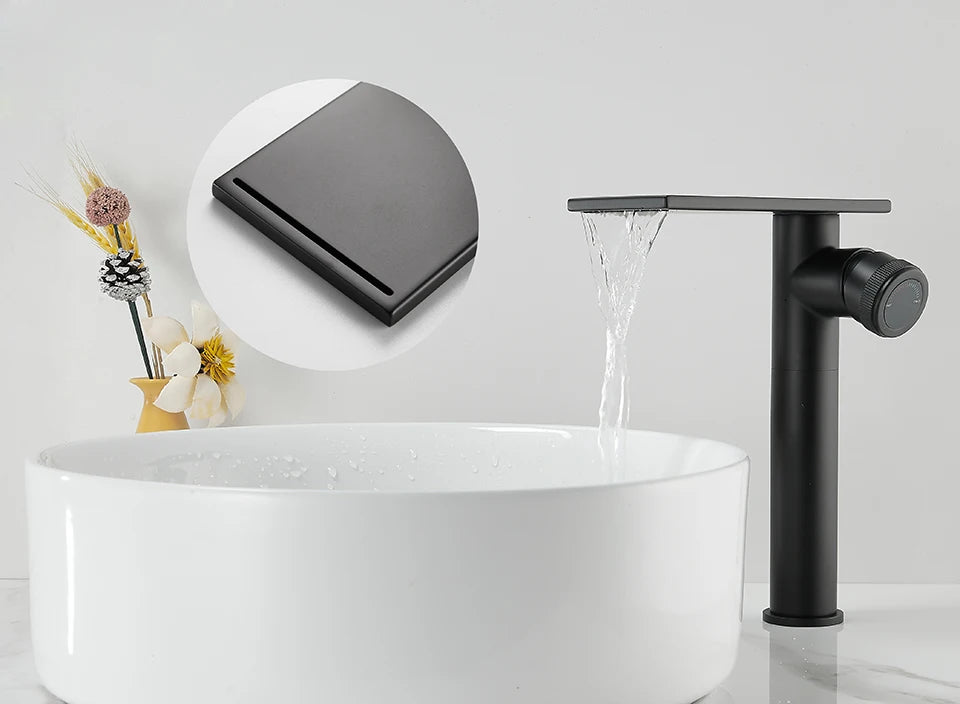 Bathroom Waterfall Basin Sink Faucet Black Faucets Brass Bath Faucet Hot&Cold Water Mixer Vanity Tap Deck Mounted Washbasin Tap
