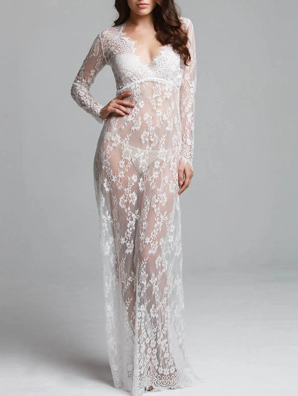 Fashionable Sexy Deep Collar Long Sleeve Lace See-through Bodycon Gown Trendy Women's Dress Elegant Draped Evening Dress