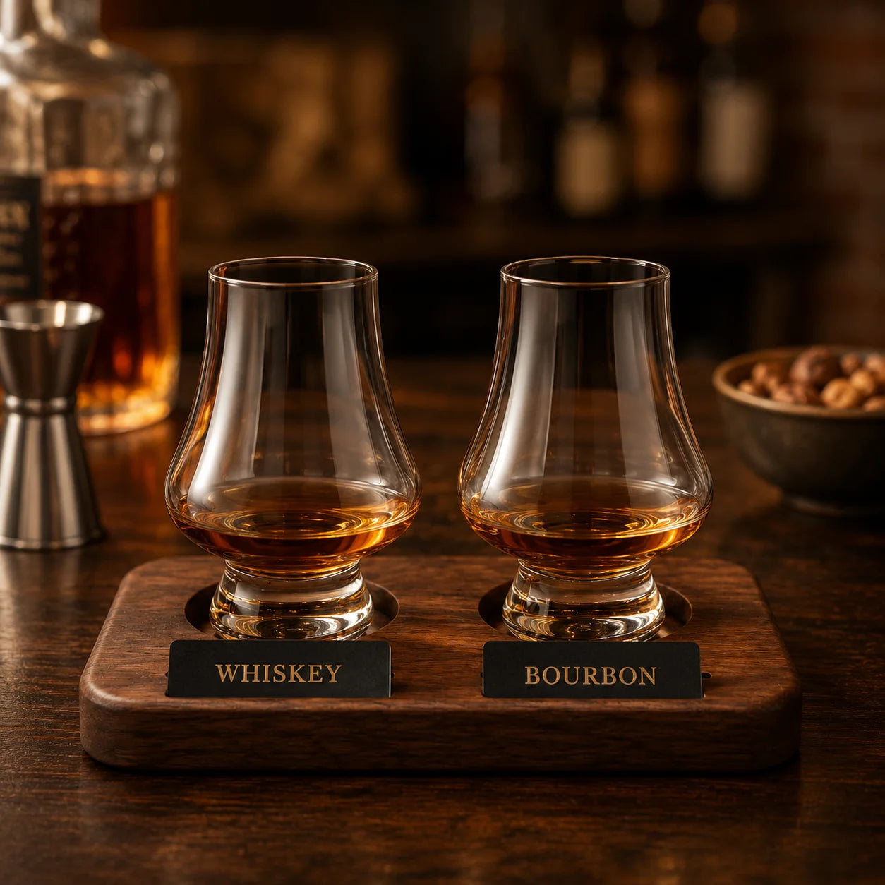 Whiskey Tasting Glasses Set of 2 with Black Walnut Wood Base, 8.5 oz Crystal Glasses with Label Slots