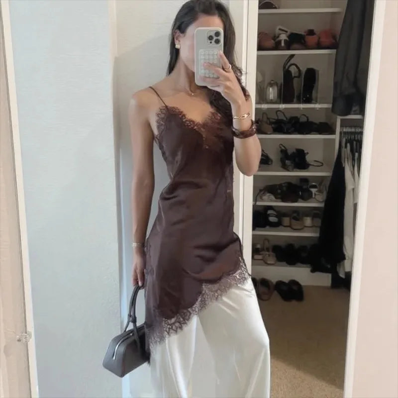 Tuularose Women's Lace Spaghetti Strap Dress Sexy Sleeveless Lace Patchwork Asymmetrical Dress Summer Party Looks Elegant Dress