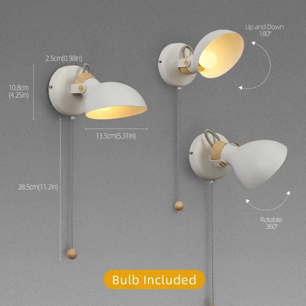 LED Wall Light Replaceable E14 Bulb With Pull Chain Switch Matte Metal Directional Wall Lamp For Bedside Living Room Hotel