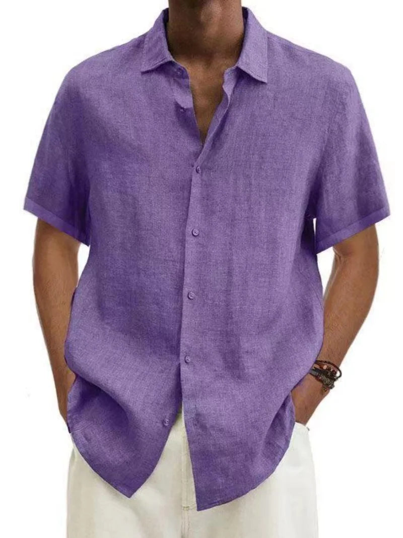 Men's Short Sleeve Linen Blend Shirt Casual Button Down Collar Lightweight Breathable Top