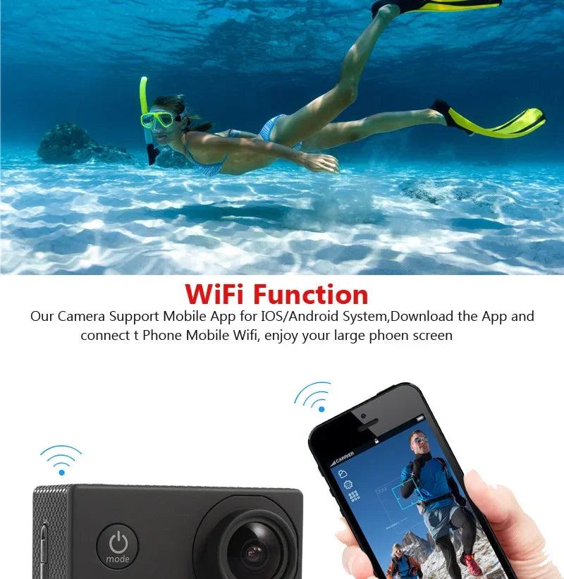 2.0" Action Camera Ultra HD 4K 30FPS WiFi Underwater Cameras Waterproof Helmet Bicycle Video Recording Cameras Outdoor Sport Cam