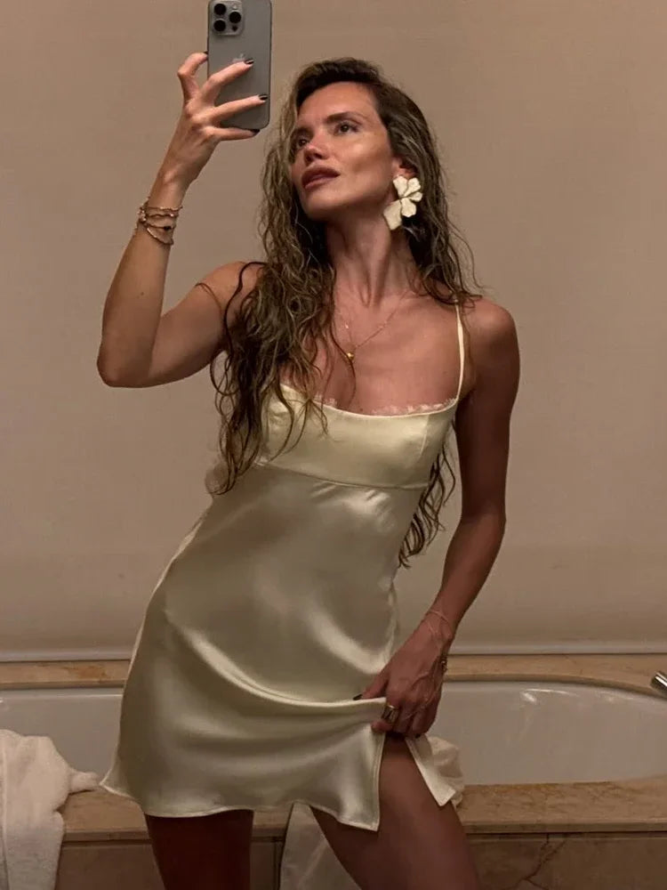 Elegant Satin Dress Women's Sexy Lace Patchwork Backless Lace-up Summer Dress 2026 New Fashion Luxury Ladies Party Evening Dress