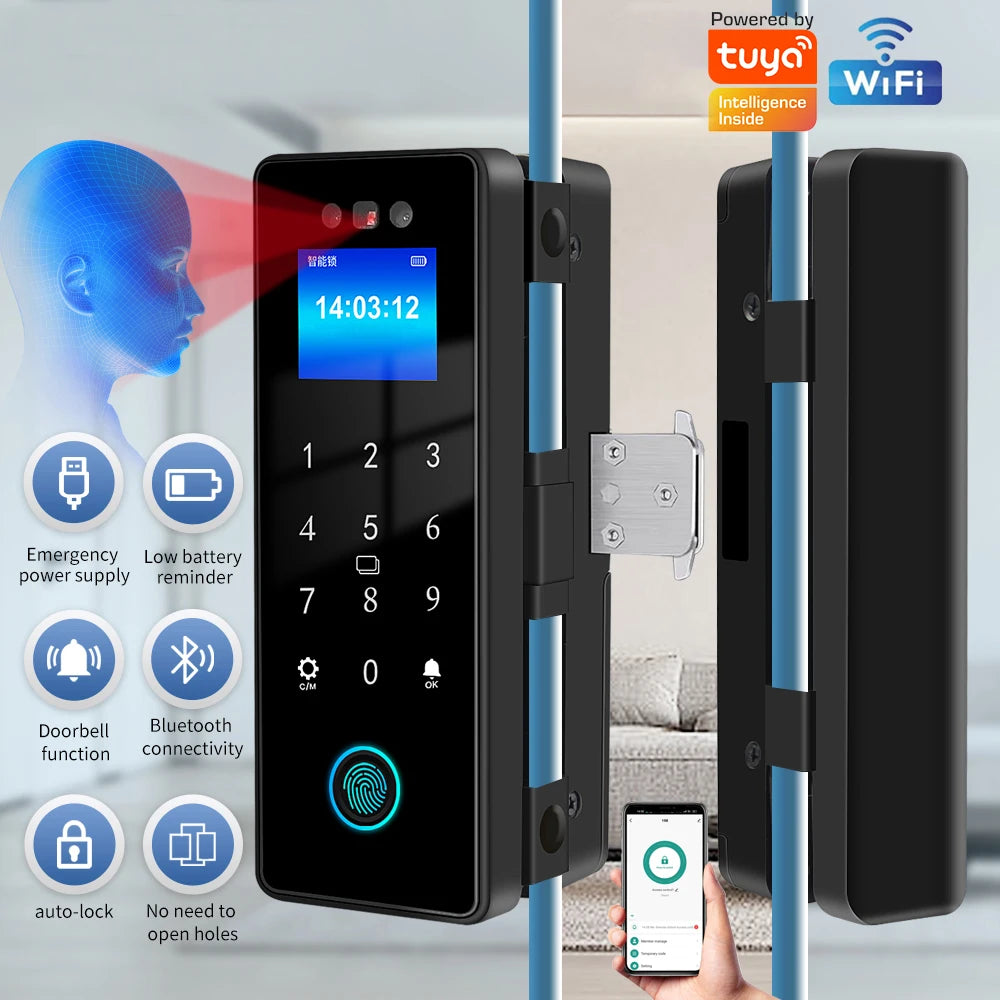WIFI 3D Face Smart Lock for Glass Door with Camera Fingerprint Face Recognize Card Password Biometric Key App Unlock