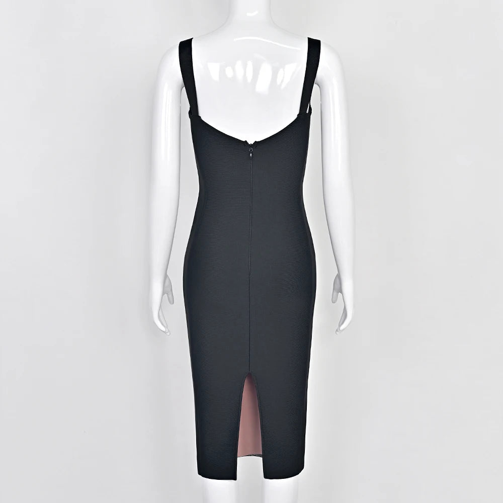 BEAUKEY Sexy Vintage Black Bandage Dress 2025 For Women Summer Draped Spaghetti Split Contrast Bodycon Dress XL Paded Vestido