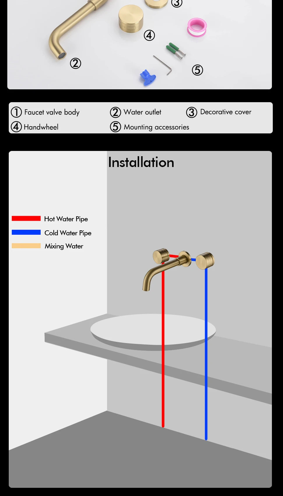 Basin Faucet Concealed Box Double Handle Sink Tap 2 Scarves Pattern Knob Bathroom Mixer Wall Mounted Brass Crane