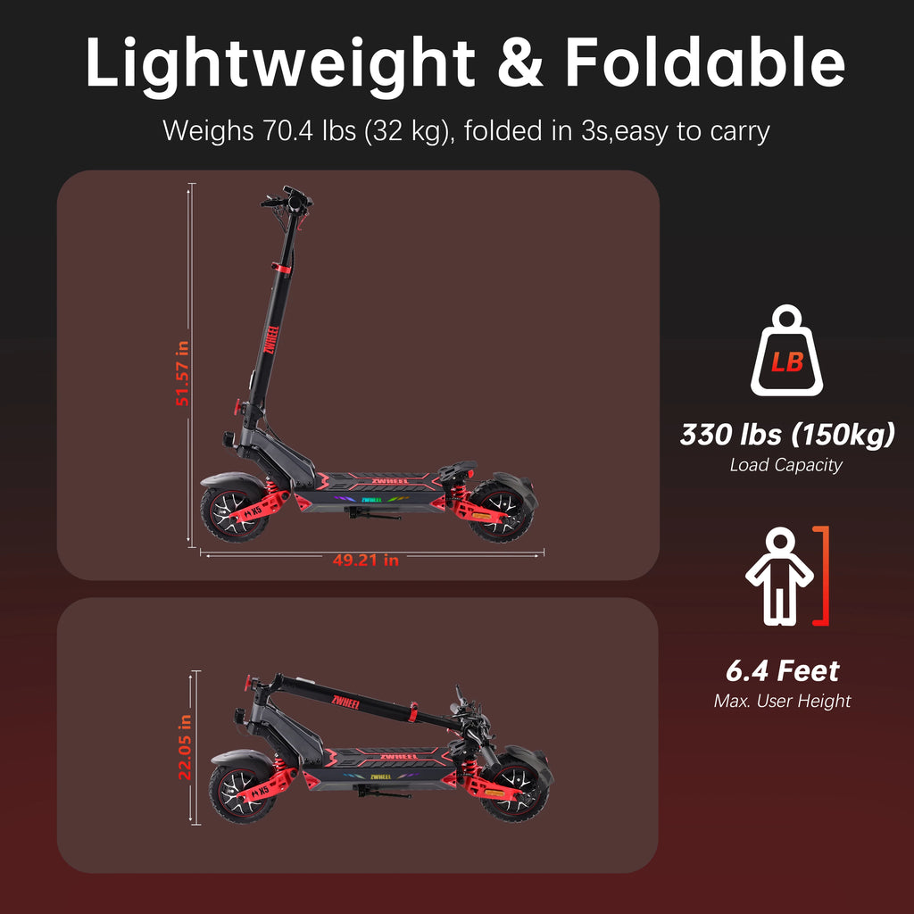 ZWHEEL D3 Dual Motors Electric Scooter 2400W All-wheel Drive Max Speed 39 MPH Max Range 50 Miles 960Wh Battery 1000 Cycles Bluetooth Locking and Unlocking Anti-theft Protection TUYA Smart APP 10''Off-Road Tires Low Noise Perf
