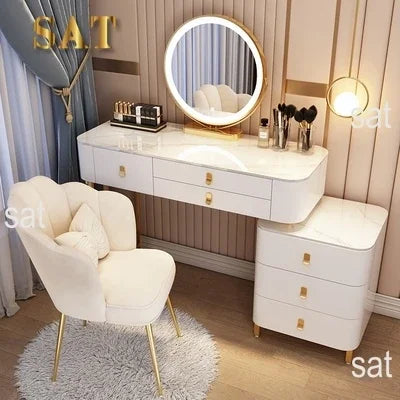 #Modern White Makeup Vanities Table Set With Smart Mirror Slate Top Modern Dressing Desk Wooden Bedroom Furniture