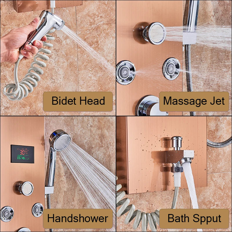 LED Light Bathroom Shower Panel Intelligent LCD Shower Column System with 6 Modes Rain Waterfall Massage Jet Bath Mixer Tap
