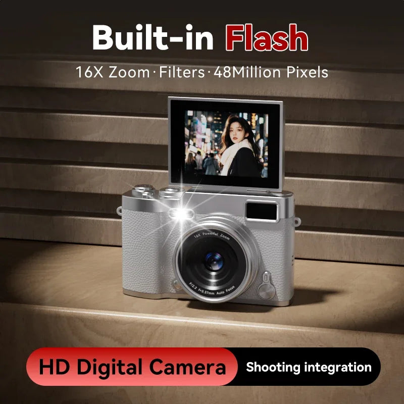 4K Flip Screen CCD Digital Camera 16X Zoom 1080P HD Vlogging Camera Travel Portable Digital Camera with Autofocus Beauty Filter