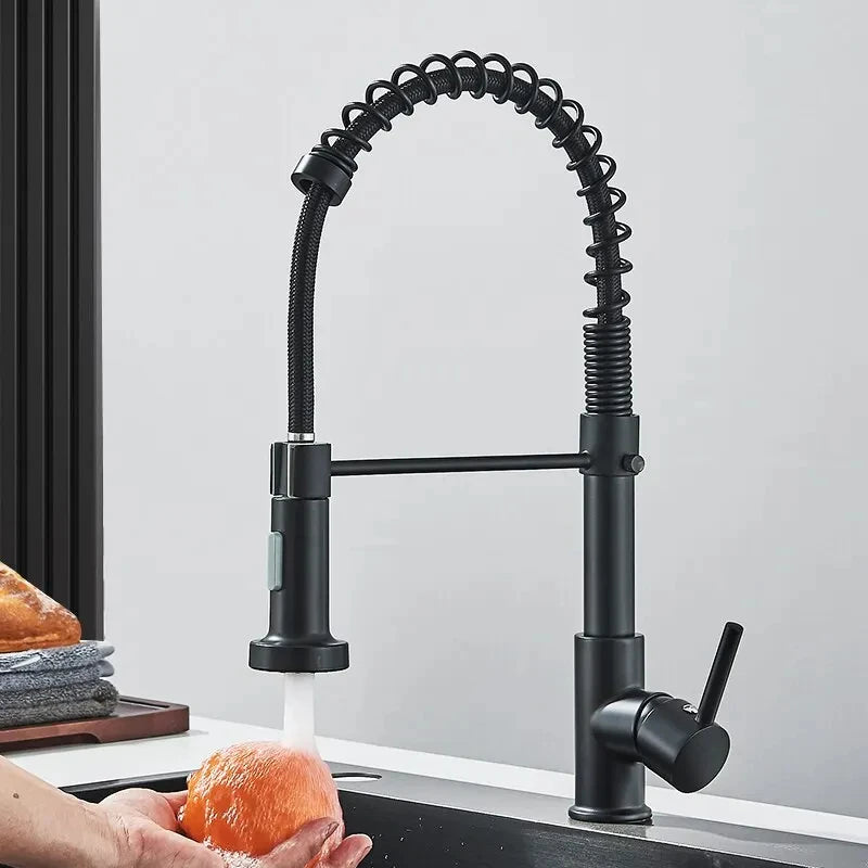 Black kitchen faucet, stainless steel mixer faucet, 360-degree rotating spray nozzle, kitchen sink, hot and cold water faucet.