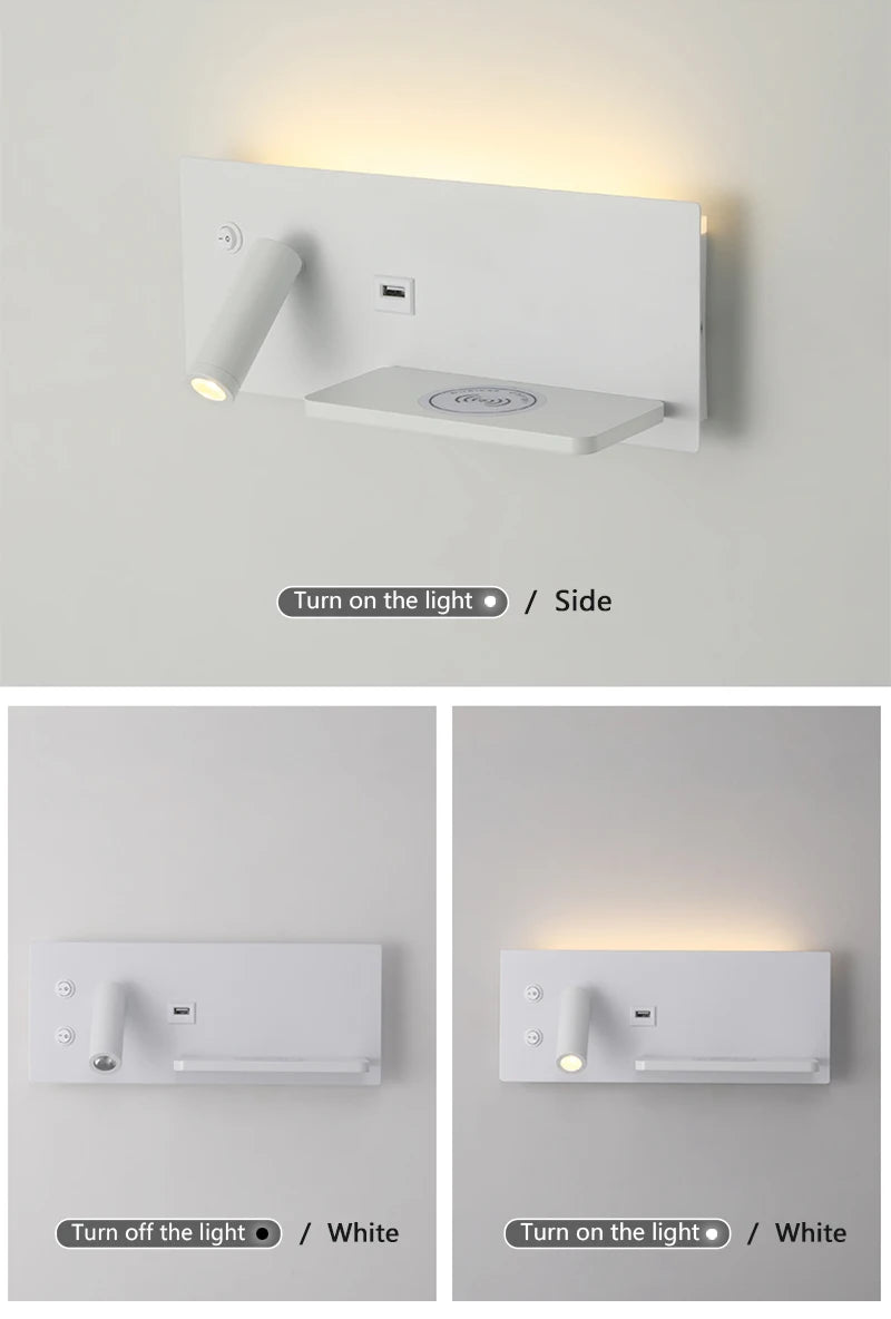 Multi functional wall lamp with switch, USB interface, LED mobile phone wireless charger, reading wall lamp, bedroom night light