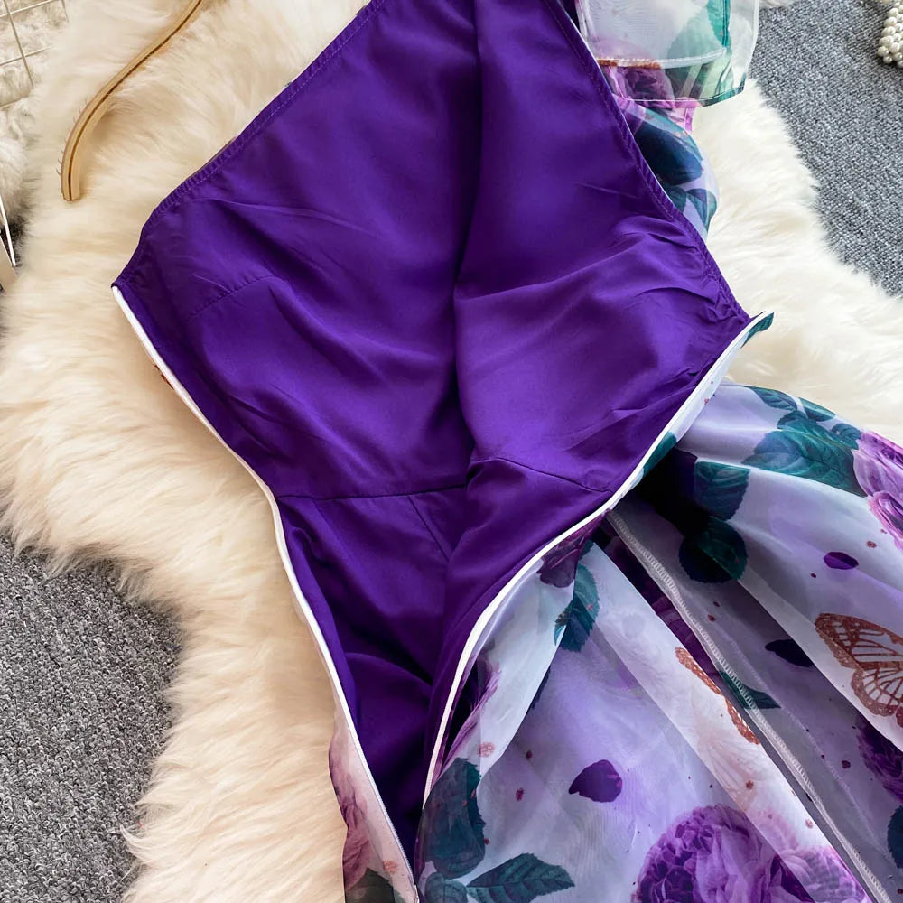 Spring Floral Series Holiday Dr Women's Summer High Waist Slim Fit Sexy Strapl Midi Length Belted Gown Korean Sle
