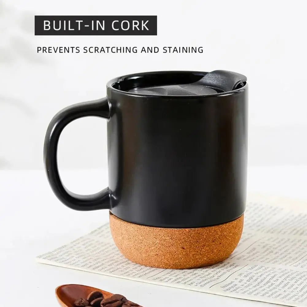 Modern Coffee Mug Leak-proof Coffee Mug 350ml Matte Black Coffee Mug with Grip Handle Cork Bottom Detachable Dustproof Lid