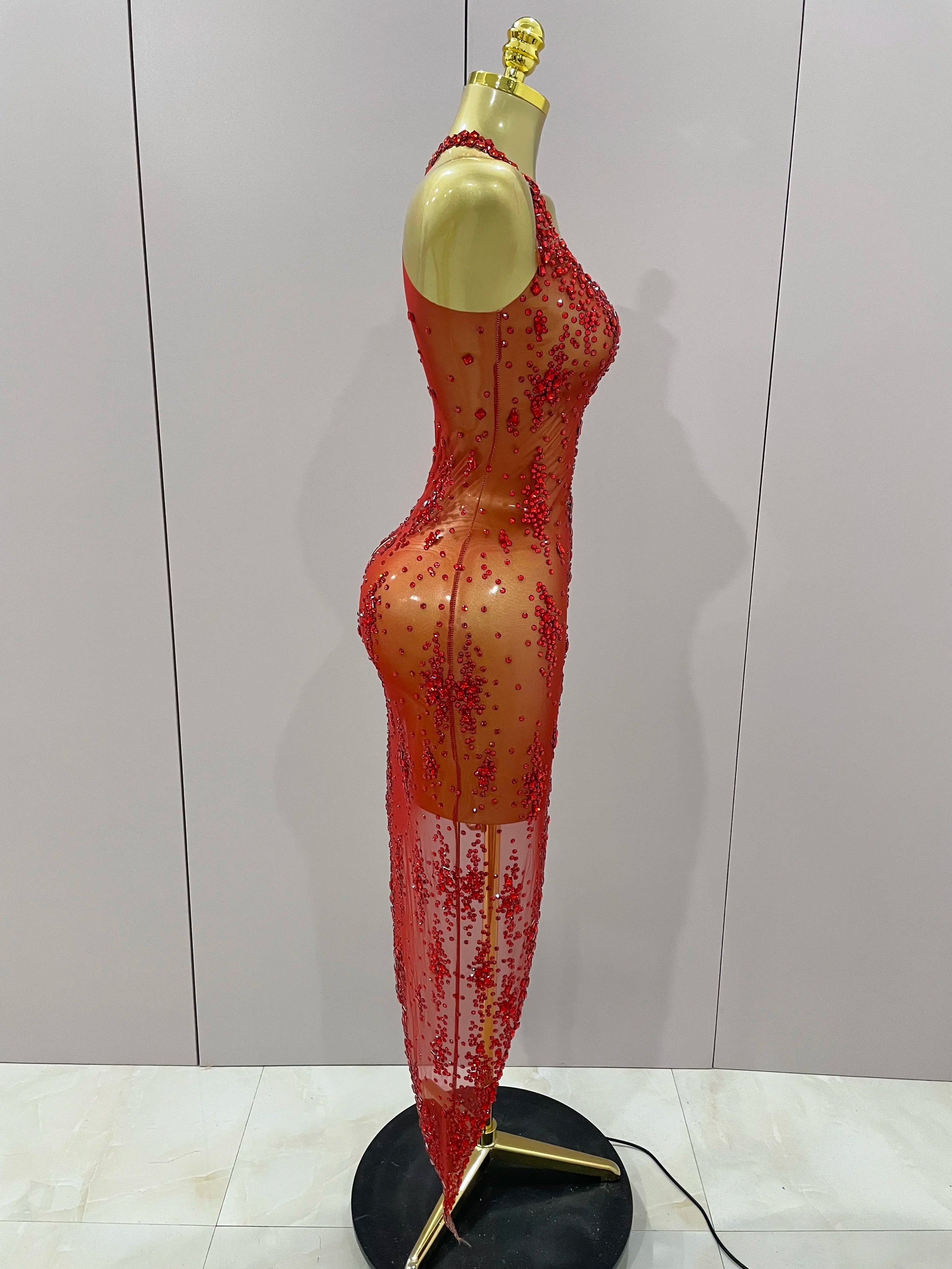 2025 New Sparkly Rhinestone V Neck Stretch Mesh Sexy See Through Dress Women Elegant Party Celebrate Perform Costume Stage Outfi