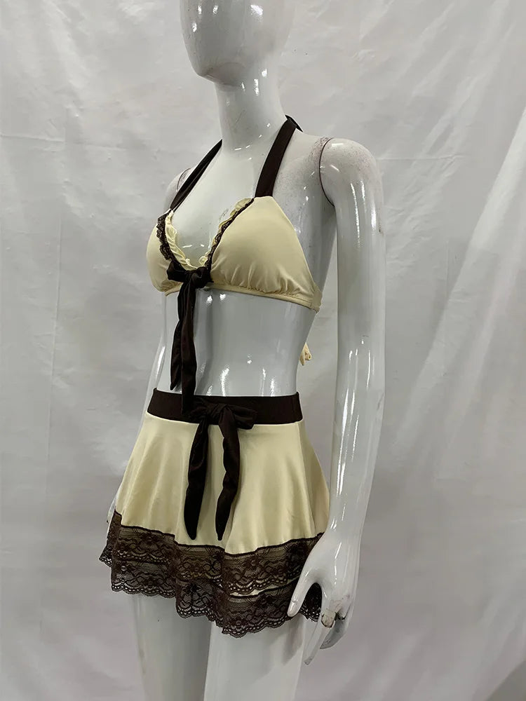 Summer Beige Lace Trim Bow Halter Skirted Bikini Set Beach Pool Vacation Cute Sweet Slim Y2K New Trendy Women's Swimsuit