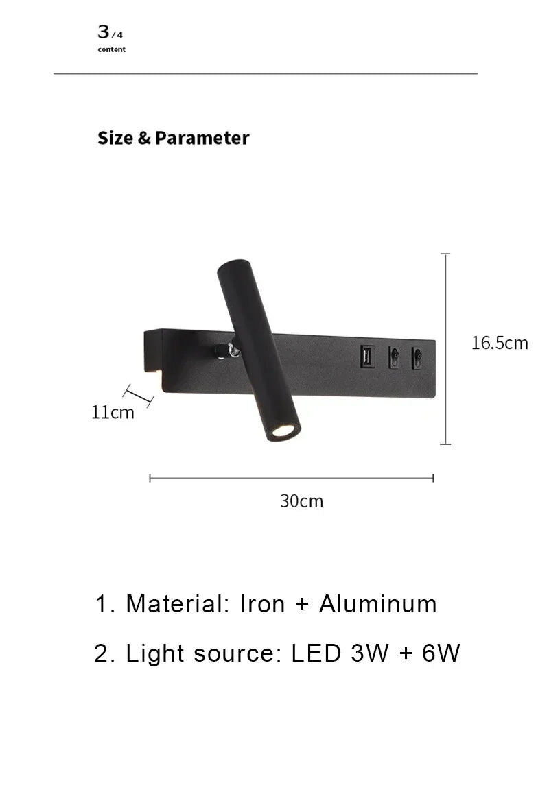 Led Wall Lights With Switch USB Rotatable Adjustable Reading Spotlight Bedroom Bedside Foyer Corridor Indoor Decor Wall Lamp