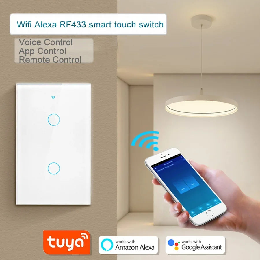 Tuya WiFi Smart Switch Works With Alexa With/Without Neutral Wire Touch Light Switch Wireless RF433 Wall Remote Voice Control