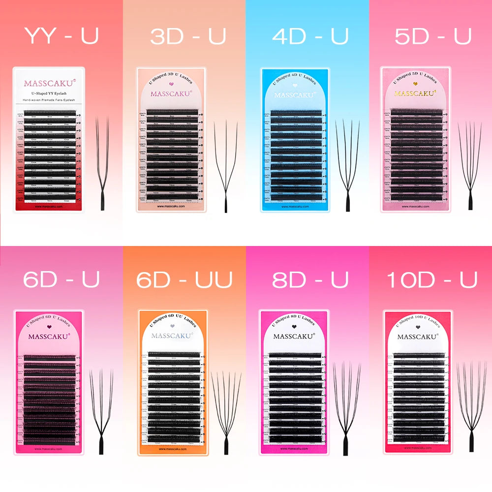 MASSCAKU U-shaped 3D 4D 5D Eyelash Extensions C D Curl U Shaped W Bloom Premade Fans Volume Lashes Natural Mink False Eyelashes