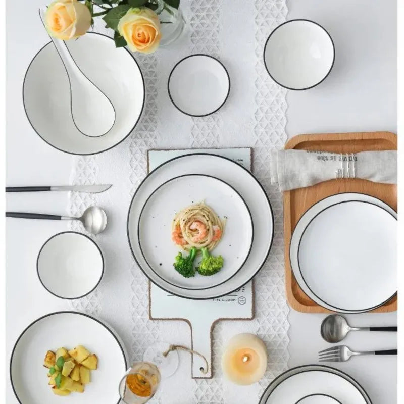 White With Black Dinner Plate Set Ceramic Serving Tray Food Dishes Rice Salad Noodles Bowl Soup Kitchen Dinnerware
