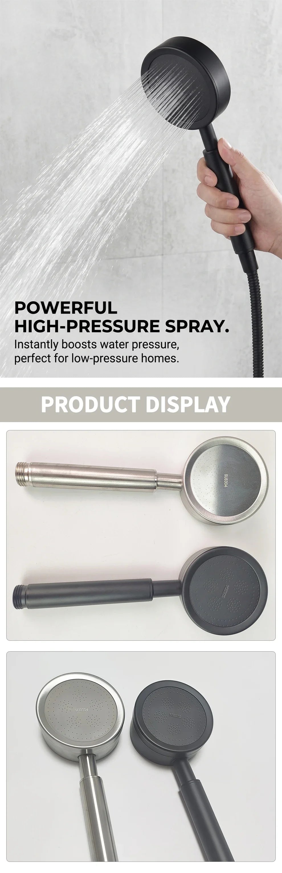 304 Stainless Steel Handheld Shower Head – High Pressure Spray, Universal 1/2” Connector, Bathroom Sprayer for Home Use