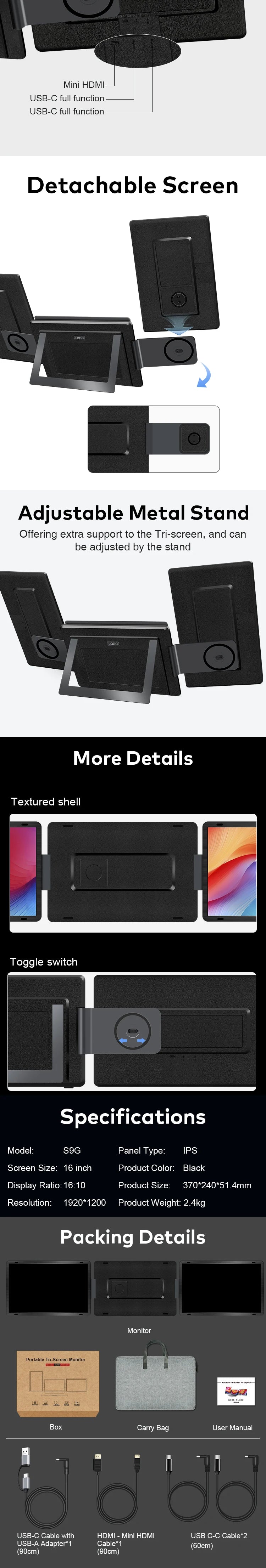 Portable Monitor 16 Inch Detachable Screen Monitor Extender Horizontal & Vertical Laptop Screen Extender for Windows and MacOS