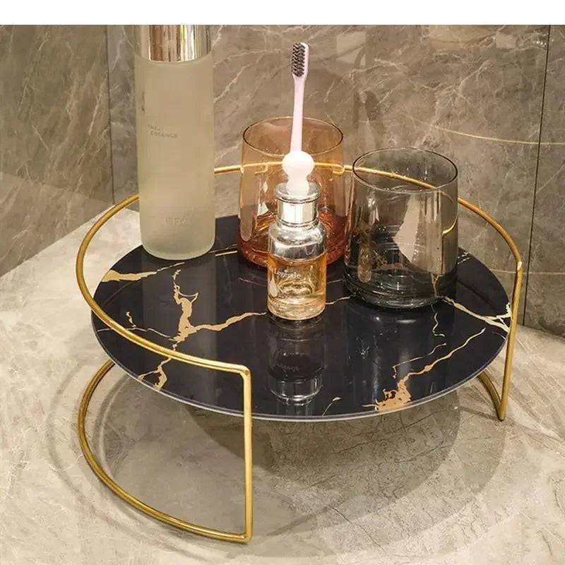 Metal Marbled Glass Tray 2-piece Set Decorative Storage Rack Desktop Organizer Cosmetic Shelf Display Stand Bathroom Shelves
