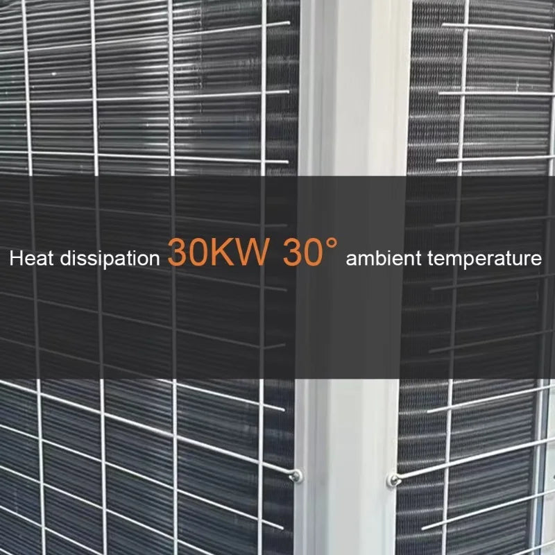 Outdoor air conditioning unit with dry cooler, automatic temperature control, adjustable fan speed, low noise