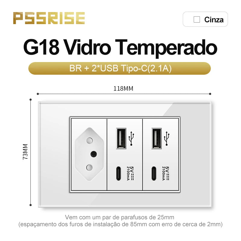 PSSRISE White Tempered Glass Standard sockets and switches brazil Switzerland Usb Type C Wall Socket Light Switch Smart Switch