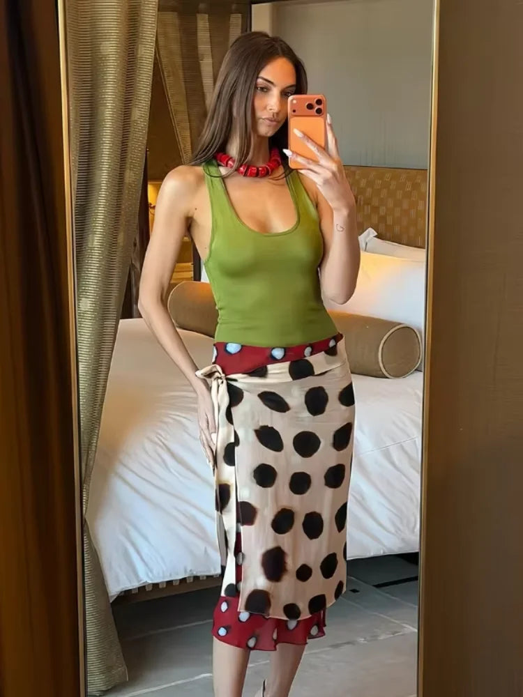 Bohemian Contrast Polka Dot Wrap Skirt Women Vintage Tie Waist Lace Up Chiffon Midi Skirts Coffee Dating Night Out Wear 2026 New