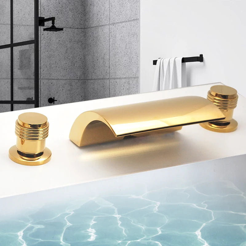 3PCS Bathroom Bathtub Faucet Basin Faucet Deck Mounted  Spa Tub Mixer Tap Cold Hot Mixer Waterfall  Matte Black or Gold Color