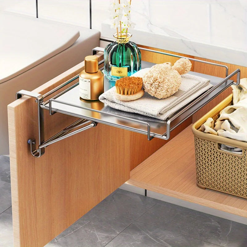Stainless Steel Foldable Countertop Shelf Space Saving Cabinet Door Shelf No Drill Hanging Storage Bathroom Kitchen Organizer