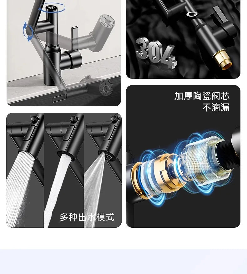 Stainless Steel Faucet Washbasin Bathroom Multi-functional Robotic Arm Universal Rotation for Hot and Cold Water Digital Display