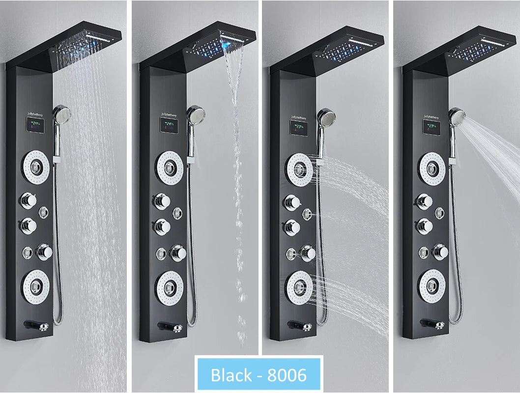 LED Shower Panel Tower System Rain Waterfall Shower Column Hydroelectricity LCD Display With Massage Body Spa Bath Shower Faucet